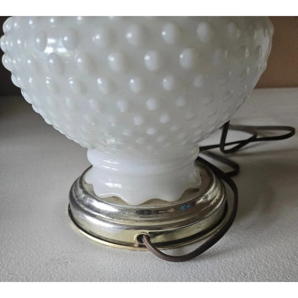 Vintage Hobnail Milk Glass Electric Hurricane Lamp White Glass Brass Accent